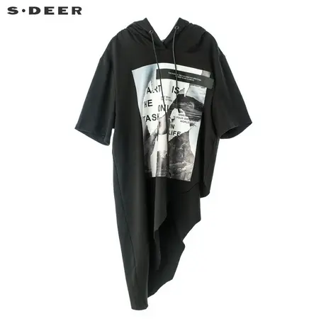 sdeer圣迪奥酷感不规则创意下摆抽象印花连帽抽绳针织衫S18280118图片