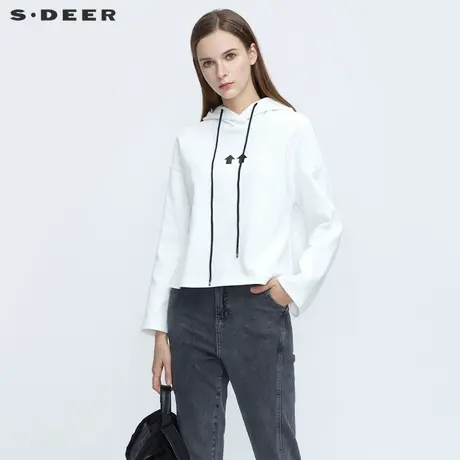 sdeer圣迪奥春秋装运动连帽印花宽松短款白色卫衣S21162217图片