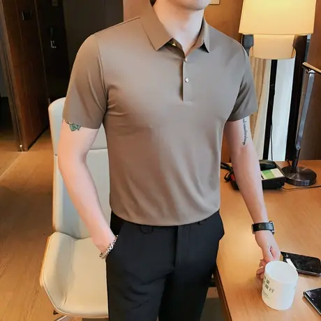 冰丝无痕T恤男半袖时尚百搭纯色V领小衫短袖夏天休闲痞帅POLO衫潮图片