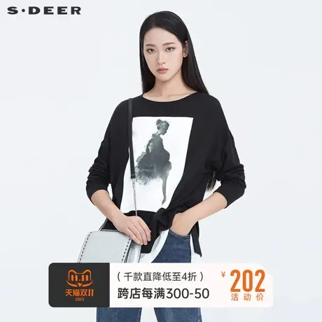 sdeer圣迪奥秋装圆领抽象印花拼接黑色棉质T恤卫衣女S20180214图片