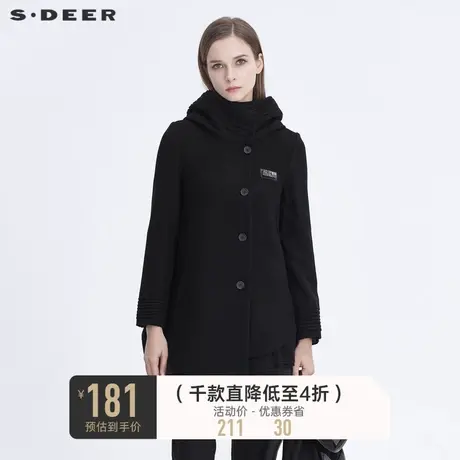 sdeer圣迪奥冬季时尚高领字母贴布不规则黑色毛呢外套S194A1734图片