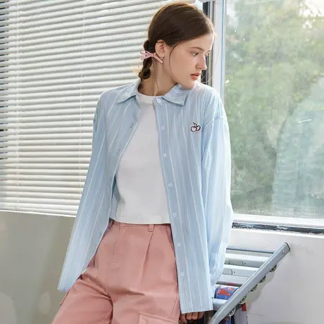 a02薄款条纹衬衫肌理长袖上衣2025春季休闲女式衬衫商品大图