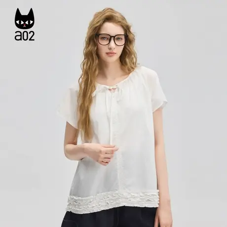 a02木耳边甜美风蝴蝶结圆领宽松短袖衬衫女2025新款夏季上衣商品大图