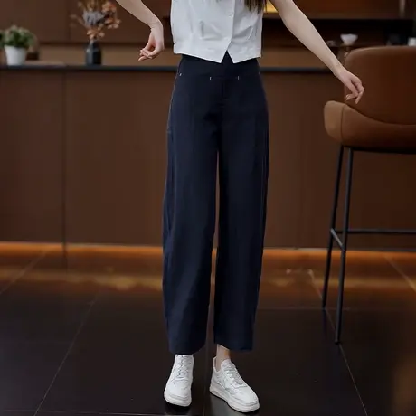 藏青色薄款天丝亚麻弯刀裤女高腰遮胯显瘦垂顺轻薄透气夏季九分裤图片