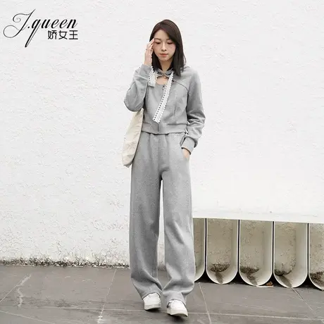 蕾丝系带时尚通勤运动卫衣两件套女秋冬高级外套直筒长款休闲套装图片
