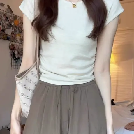 针织衫正肩短袖T恤女2025新款夏季设计感小众修身显瘦辣妹上衣服商品大图