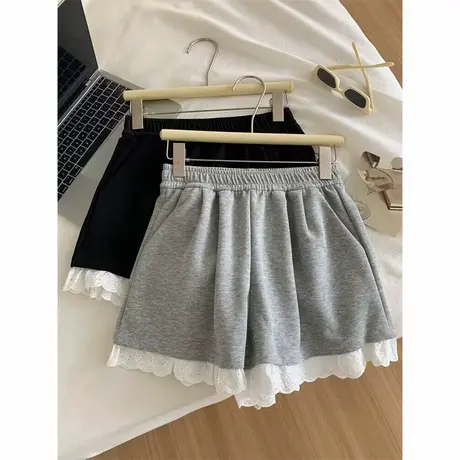 法式复古蕾丝花边阔腿短裤女夏装韩版高腰宽松外穿运动休闲睡裤潮商品大图