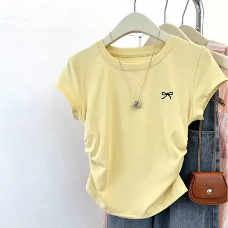 韩系chic甜辣褶皱收腰短袖T恤女夏季修身韩版蝴蝶结刺绣正肩上衣图片