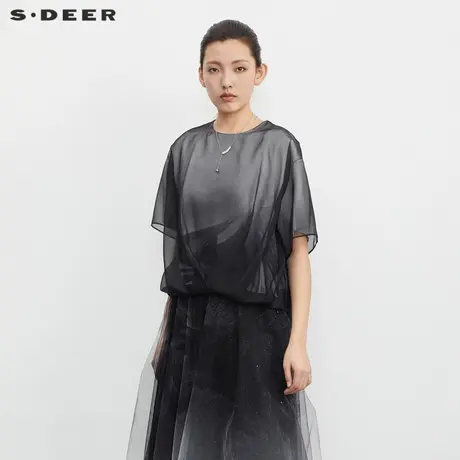 sdeer圣迪奥女装水墨晕染雪纺短袖衬衫S23260401商品大图