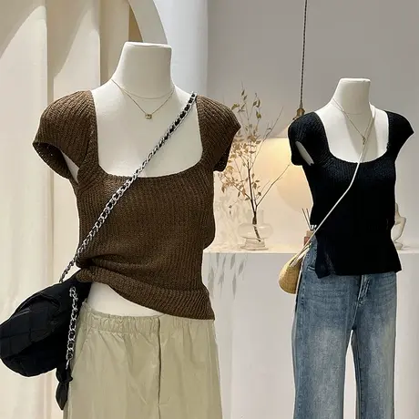 露后腰针织衫女夏系带收腰大方领镂空薄款设计感小众短袖甜辣上衣商品大图