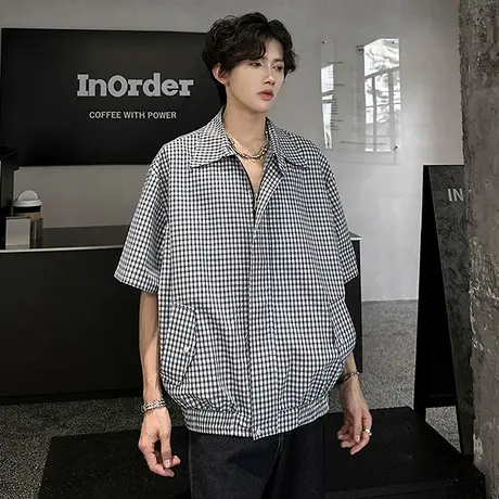 短袖衬衫男夏季2025新款美式复古格子衬衣潮牌宽松休闲半袖上衣服图片