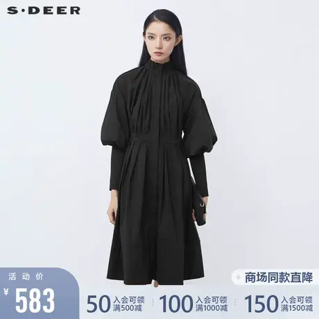 sdeer圣迪奥2021冬新品复古荷叶边立领拼接灯笼袖连衣裙S21481224图片