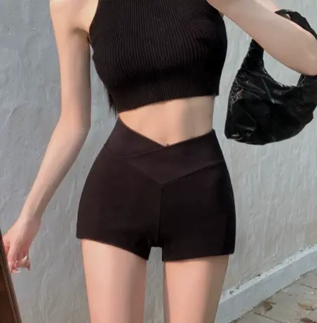 休闲裤女韩版秋季小众新款辣妹设计感高腰显瘦紧身弹力打底短裤商品大图