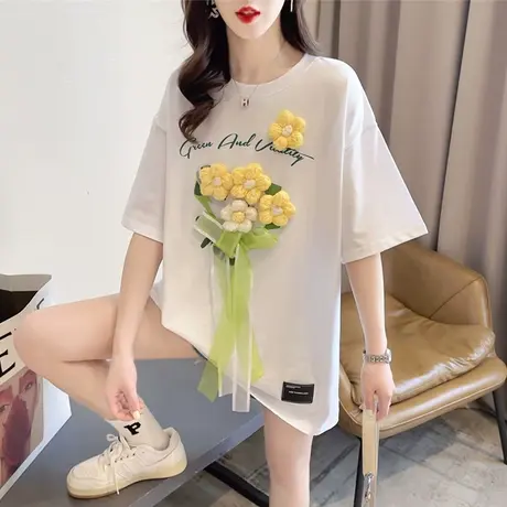 设计感小众短袖t恤女夏季韩版宽松大码中长款立体花朵百搭上衣服商品大图