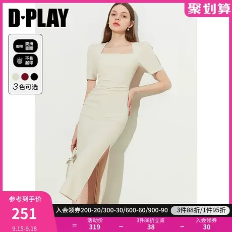 DPLAY2023年夏季优雅奶油杏美背泡泡袖捏褶侧开衩高腰连衣裙商品大图