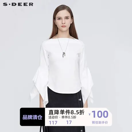 sdeer圣迪奥女装一字领不规则拼接长袖T恤S21180201🐵商品大图