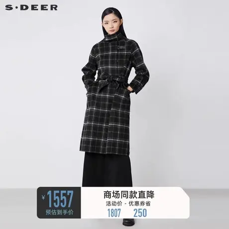 sdeer圣迪奥秋冬高领撞色格纹拼接收腰毛呢大衣S21481844🏴商品大图