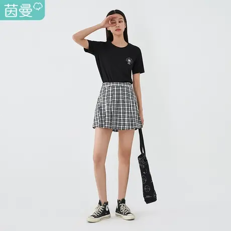 茵曼短裙女夏季2023新款设计感小众百褶裙侧拉链A字黑色格纹裙子商品大图