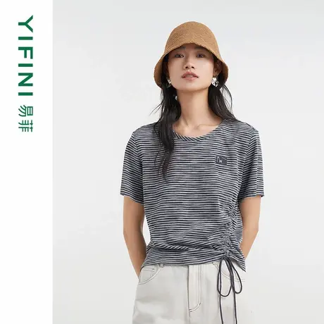 [专柜同款]Yifini/易菲圆领条纹抽绳修身短款T恤女上衣D04Z1020商品大图