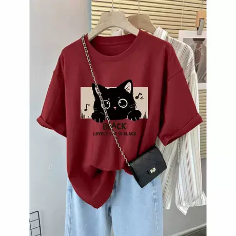 美式纯棉设计感短袖t恤女夏季小众ins潮大码女装宽松显瘦正肩上衣商品大图