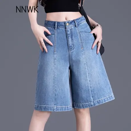 夏季薄款蓝色牛仔短裤女2025新款直筒阔腿裤高腰a字显瘦五分中裤商品大图
