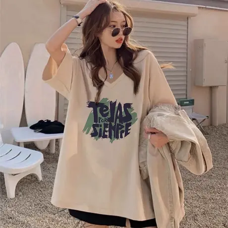 短袖t恤高级感V领宽松女装oversize大码夏季纯棉ins小众百搭上衣商品大图