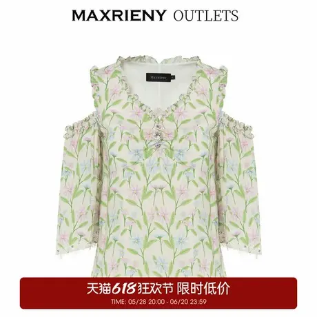 【奥莱】MAXRIENY欧式园艺风露肩喇叭袖雪纺衫田园风印花上衣图片