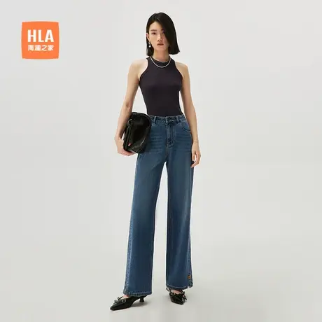 HLA/海澜之家直筒微弹长款牛仔裤秋季新洗水工艺裤脚开衩裤子女装商品大图