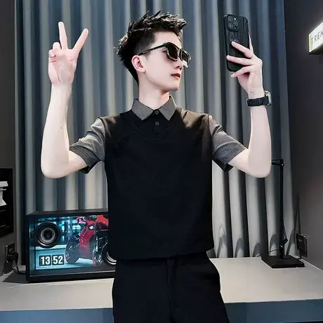 2025新款短袖T恤男夏季高端轻奢潮牌拼接条纹半袖体恤polo衫上衣图片