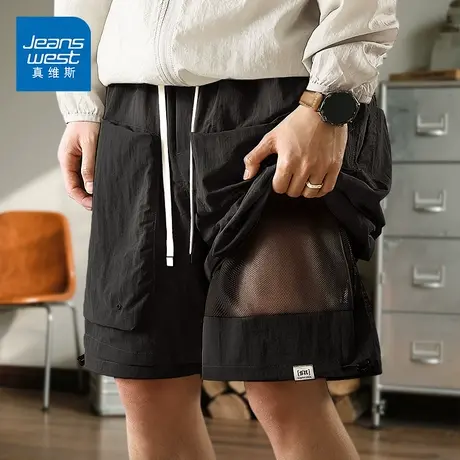 GV真维斯工装短裤男夏季冰丝假两件户外机能速干美式休闲五分裤Z商品大图