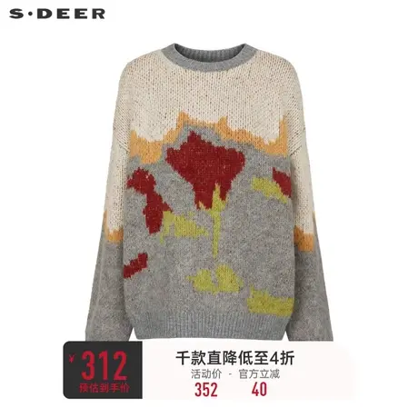 sdeer圣迪奥女装罗纹圆领撞色提花宽松针织衫S234Z3590图片
