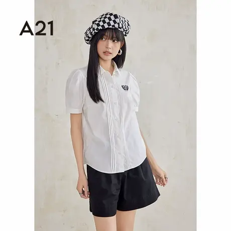 A21女装翻领短袖衬衫夏季纯色高级感宽松廓形ins衬衣外套图片