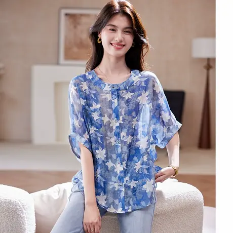 宝诗黎蝙蝠袖慵懒印花衬衫女2025夏季时尚宽松大码百搭气质衬衣图片