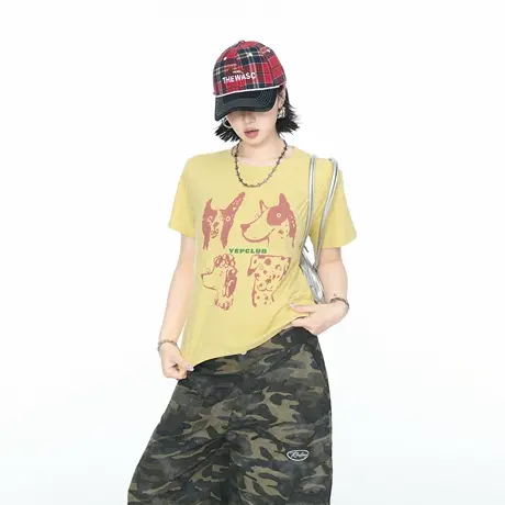 2025夏季新款正肩短款修身印花短袖T恤女潮牌甜辣风显瘦半袖上衣图片