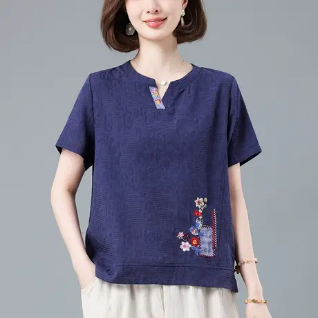 短袖t恤女夏季新款加大码女装宽松中年妈妈休闲刺绣文艺纯棉体恤商品大图