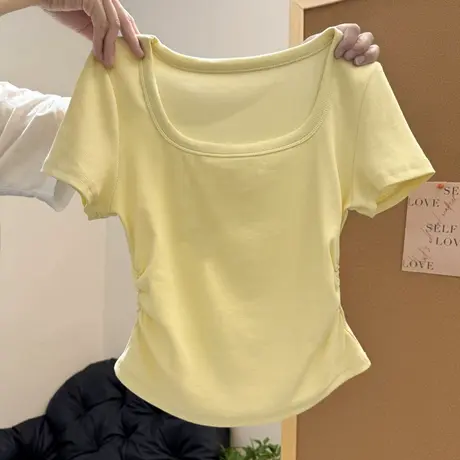方领正肩短袖T恤女夏季修身韩版内搭打底衫短款褶皱收腰半袖上衣图片