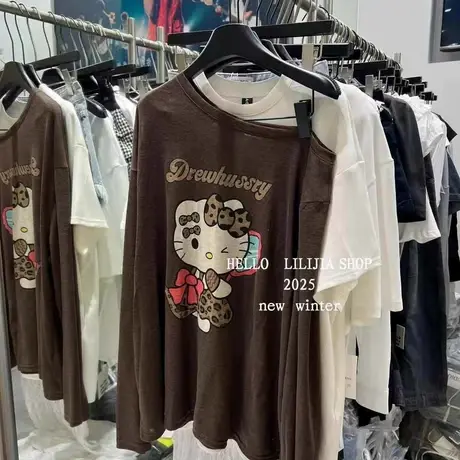 韩国东大门夏季新款时尚豹纹kitty印花防晒斜肩上衣女薄款长袖T恤商品大图