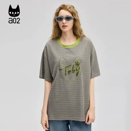 a02条纹宽松圆领短袖女T恤2025新款夏季设计感上衣通勤穿搭半袖图片