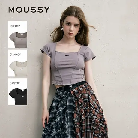 MOUSSY2025夏季新品方领修身LOGO短袖鱼骨T恤女028ISZ90-3081图片