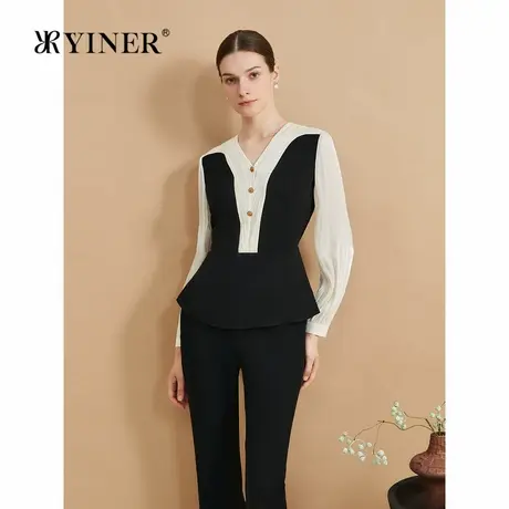 YINER音儿专选秋季法式艺术皱褶撞色Y字V领收腰衬衫上衣商品大图