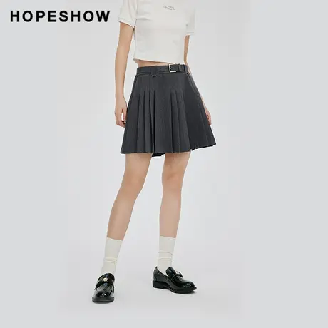 红袖纯色腰带立体感压褶短裙hopeshow2024春新款学院jk显瘦半身裙商品大图