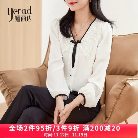 娅丽达v领雪纺衫女2023年秋季新款洋气蕾丝蝴蝶结小衫灯笼袖衬衫商品大图