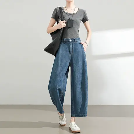 莱赛尔天丝棉牛仔裤女夏季薄款高腰宽松小个子九分弯刀香蕉哈伦裤图片