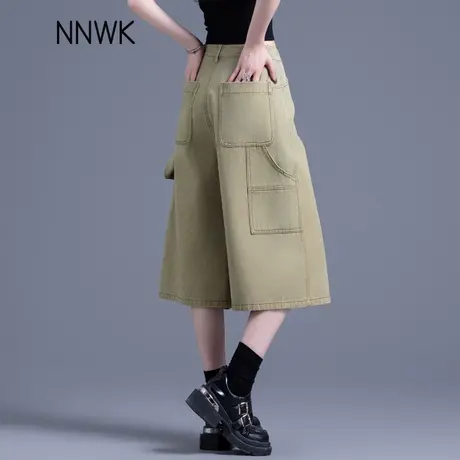 美式工装七分裤女夏季2025新款中长款阔腿裤直筒宽松7分牛仔短裤商品大图