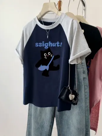 小个子韩系休闲风短袖T恤女装2024新款纯棉夏季ins拼接插肩袖上衣图片