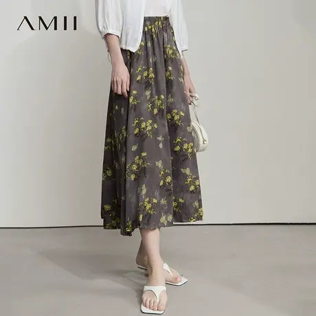 AMII【复古印花半身裙】复古印花长裙压褶半身裙雪纺百褶裙图片