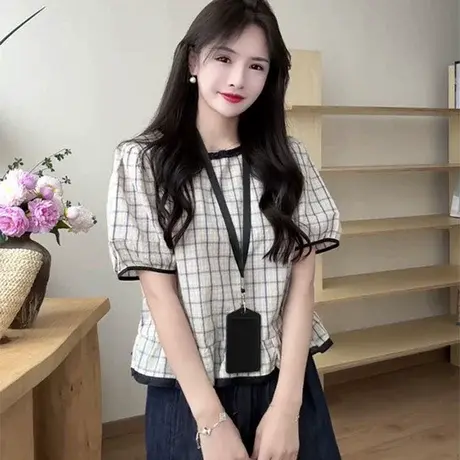 韩系撞色花边领格子泡泡短袖衬衫2025夏季新款女洋气减龄百搭上衣图片