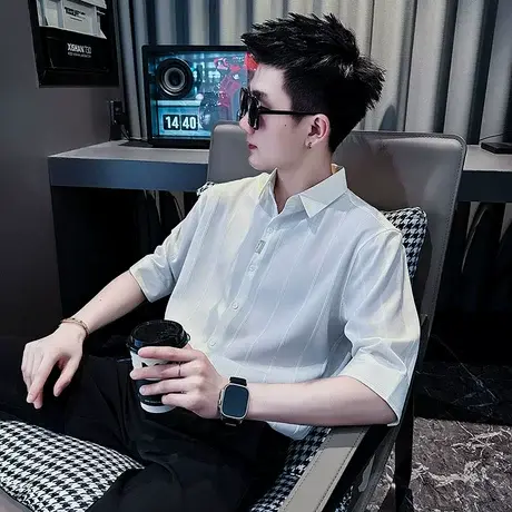 2025新款短袖衬衫夏季高端潮牌宽松休闲上衣潮流个性条纹半袖衬衣商品大图