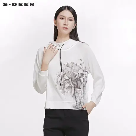 sdeer圣迪奥春秋圆领套头不规则植物印花连帽白色卫衣女S20183522图片