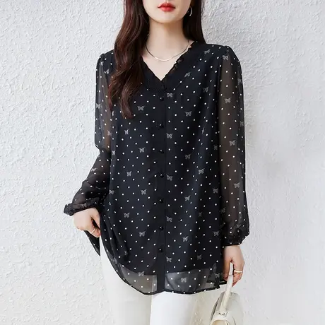 雪纺衫女长袖春季新款加肥加大码女装宽松中长款洋气V领显瘦上衣商品大图